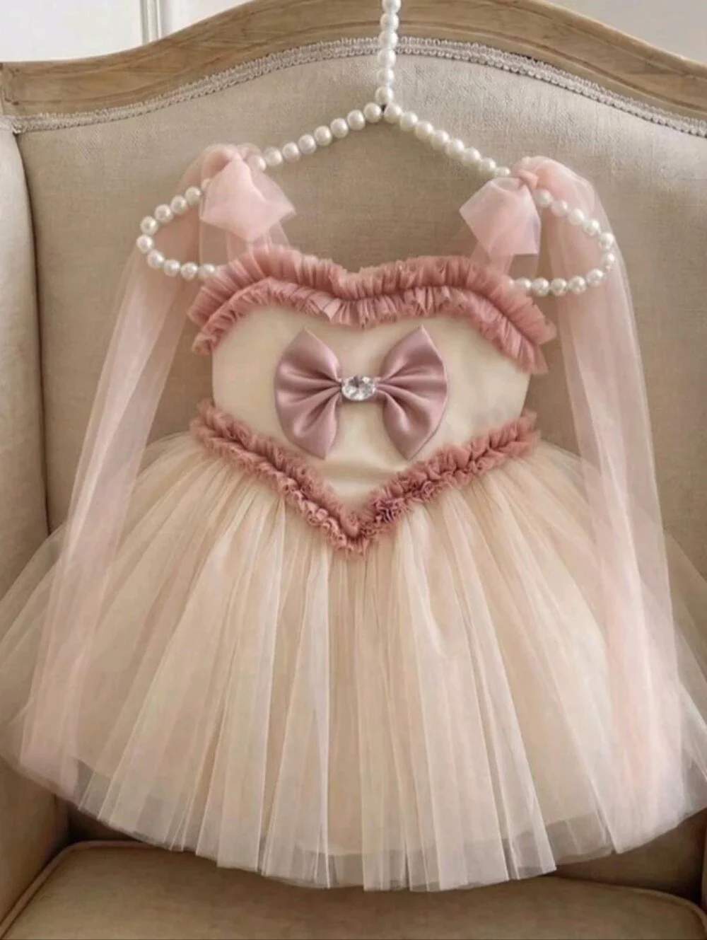 Blush Pink and Cream Tutu Dress with Bow and Tiara